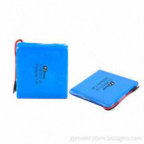 7.4V/2,400mAh polymer battery pack YJ407075-2S, with 8 x 70 x 75mm size and 93g weight